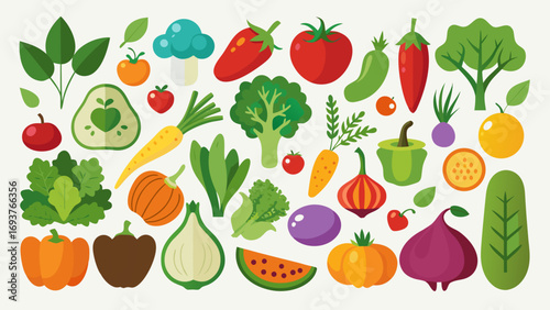Vector art of a colorful assortment of fresh vegetables, perfect for illustrating healthy eating, vegetarianism, or farmtotable concepts