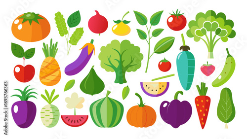 Vector art of colorful assortment of fresh vegetables and fruits, including tomatoes, carrots, eggplants, pineapple, watermelon, and more
