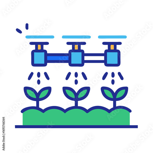 Drip irrigation system icon with plants in flat color style