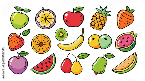 Vector art of a colorful assortment of fresh fruits, including apples, oranges, bananas, strawberries, watermelon, pears, and more