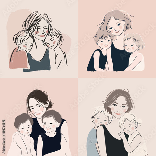 Four heartwarming illustrations feature mothers embracing their young children, highlighting affection and connection in soft colors. Each piece radiates joy and warmth.