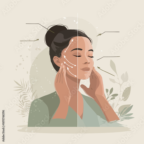 A woman gently performs a facial massage, highlighting techniques for relaxation and rejuvenation. Soft colors and floral elements enhance the calming atmosphere.