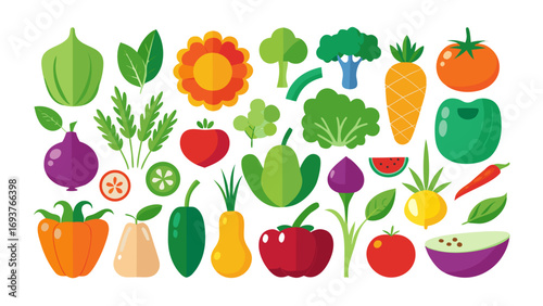 Vector art of a vibrant collection of fresh vegetables, including leafy greens, root vegetables, and flowering plants, all with a cartoonish style