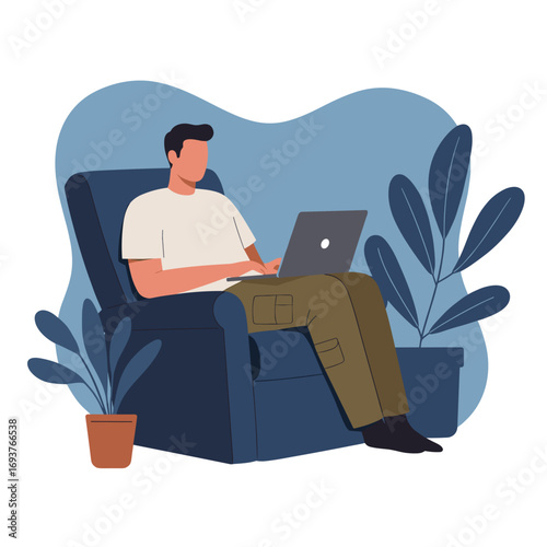 Comfortable man working remotely on a laptop in an armchair at home. Ideal for depicting freelance, online education, and modern digital lifestyle.