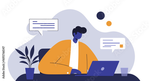 Focused person working remotely on a laptop, engaged in online communication. Ideal for business, technology, and modern lifestyle concepts.