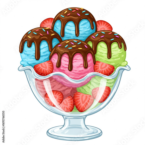 Delicious Ice Cream Sundae with Strawberries and Chocolate Drizzle in a Glass Bowl