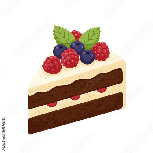 Delicious slice of chocolate cake with berries and cream, sweet dessert illustration
