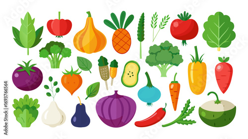 Vector art of diverse selection of vibrant vegetables and fruits, offering a nutritious and colorful palette for culinary creations