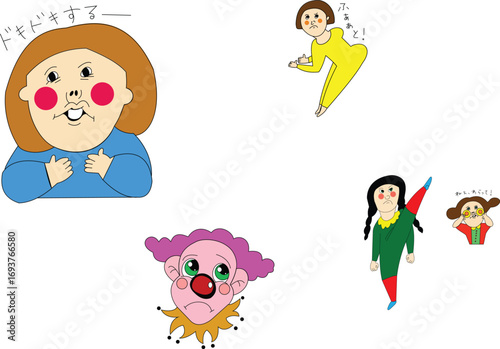 Whimsical cartoon character group Illustration of emotions facial expressions funny faces happy sad silly expressive art