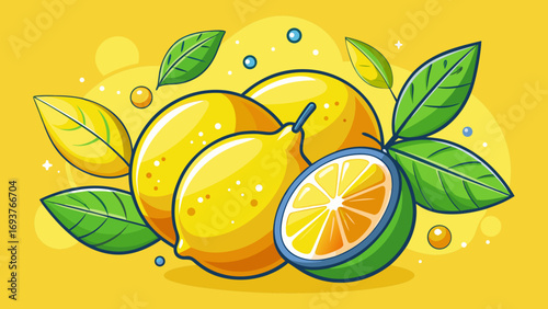 Vector art of a bright and cheerful illustration of lemons and leaves on yellow background, perfect for conveying freshness and natural goodness