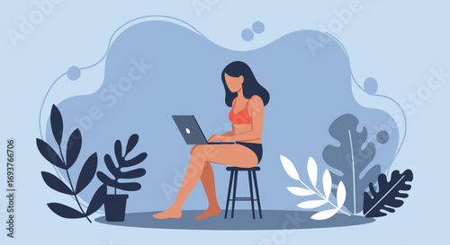 Woman in comfortable attire works on laptop amidst stylized plants, representing remote work, digital nomad lifestyle, or online business with flexibility.
