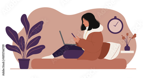 Young woman uses laptop and smartphone comfortably at home, embodying remote work, online learning, or digital leisure. Modern lifestyle, connectivity, and convenience.