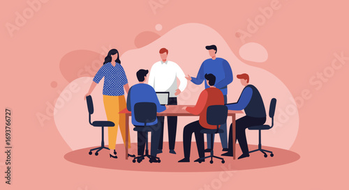 Professional team collaborating around a table, actively discussing innovative strategies for business growth in a modern office environment.
