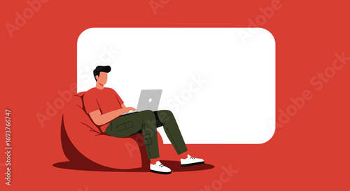 Man comfortably using a laptop on a bean bag, with copy space. Ideal for remote work, online learning, or modern casual lifestyle concepts.