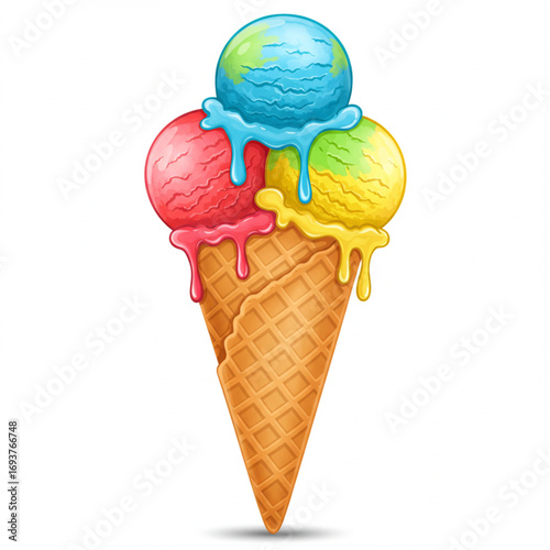 Colorful ice cream cone with three scoops sweet summer dessert treat illustration