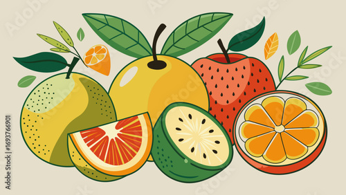 Vector art of a vibrant and colorful illustration showcasing a variety of fresh citrus fruits, promoting healthy eating and a balanced diet