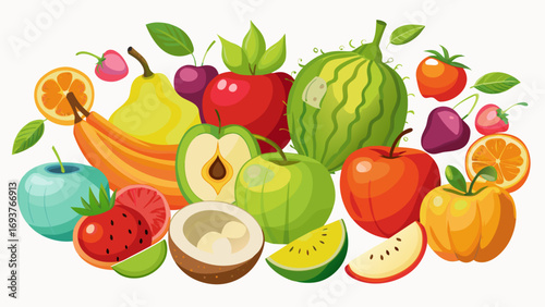 Vector art of a vibrant and colorful assortment of fresh fruits, including apples, bananas, oranges, strawberries, and watermelon