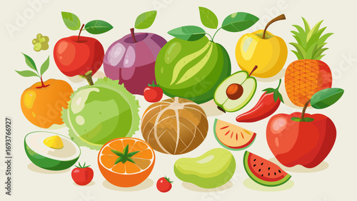 Vector art of a colorful and diverse assortment of fresh fruits and vegetables, including apples, oranges, plums, and peppers