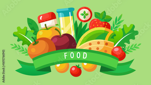 Vector art of a vibrant and colorful illustration showcasing a variety of fresh fruits and vegetables, accompanied by the word food on a green ribbon