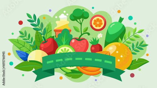 Vector art of a colorful illustration featuring fresh fruits and vegetables with a green ribbon, perfect for promoting healthy eating and a balanced diet