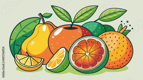 Vector art of a vibrant illustration of various fruits, including pear, orange, and citrus slices, showcasing a healthy and refreshing selection