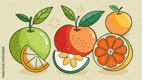 Vector art of a vibrant assortment of fresh fruits, including apples, oranges, and grapefruits, arranged in a visually appealing composition on a beige background