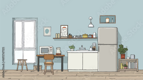 A charming kitchen features a fridge, microwave, and a wooden table under warm lighting. Shelves hold plants and utensils, creating a tidy, inviting atmosphere.