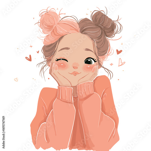 A girl with playful hair buns in light pink and brown poses happily while resting her chin on her hands. She wears a soft orange sweater and exudes warmth and joy.