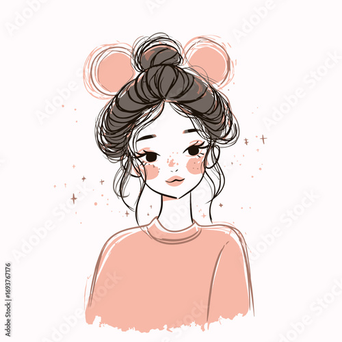 A girl with mouse ears and a messy bun smiles softly while wearing a pastel sweater. Her playful freckles add charm to her lighthearted appearance.