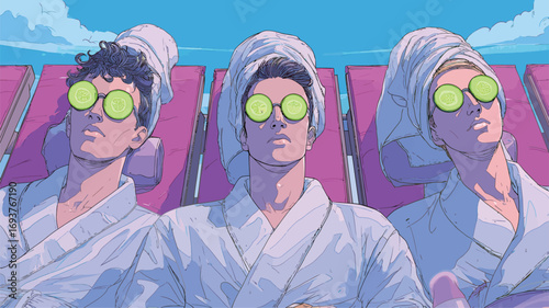 Three friends enjoy a spa day while lounging under the sun. The individuals wear white robes and towels, and cucumber slices rest on their eyes for relaxation.