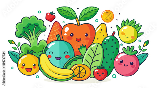 Vector art of cheerful cartoon fruits and vegetables, including broccoli, carrot, apple, banana, orange, strawberry, and beet