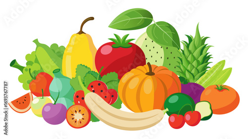 Vector art of a vibrant assortment of fresh fruits and vegetables, including grapes, pears, tomatoes, cucumbers, pineapples, pumpkins, and bananas