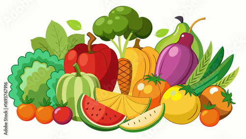 Vector art of a vibrant assortment of fresh produce, including watermelon, melon, tomatoes, pumpkin, eggplant, pepper, and broccoli