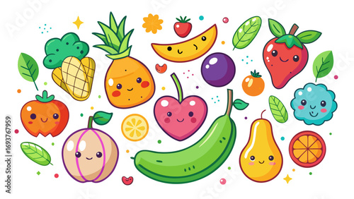 Vector art of cheerful fruit cartoon illustration featuring a variety of colorful and smiling fruits with cute facial expressions
