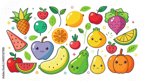 Vector art of cheerful collection of cute cartoon fruits and vegetables, including pineapple, watermelon, apple, lemon, and more