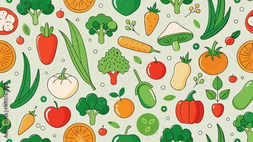 Vector art of seamless pattern of fresh vegetables, a vibrant and colorful design featuring a variety of healthy produce for a lively and nutritious background