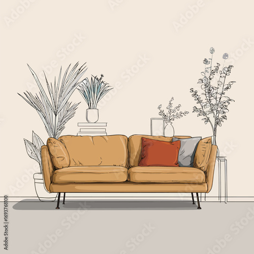 Bright yellow sofa positioned in a minimalist living room. Surrounding plants and decor enhance the stylish atmosphere, creating a cozy space.