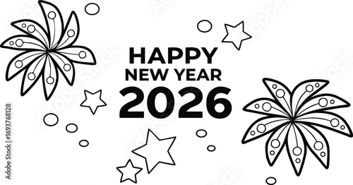 Celebrate 2026 New Year with festive fireworks and sparkling stars graphic