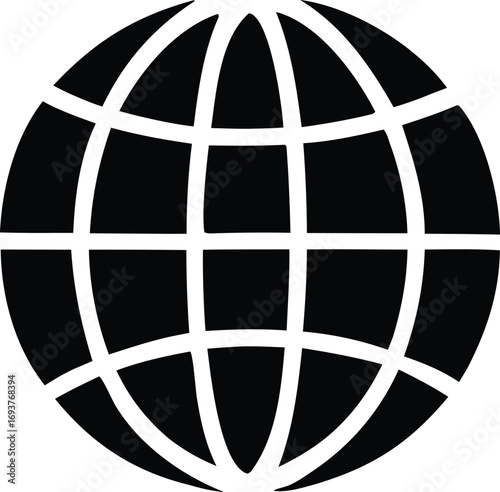 Simple black and white globe icon representing global connectivity and international reach for digital and print media applications