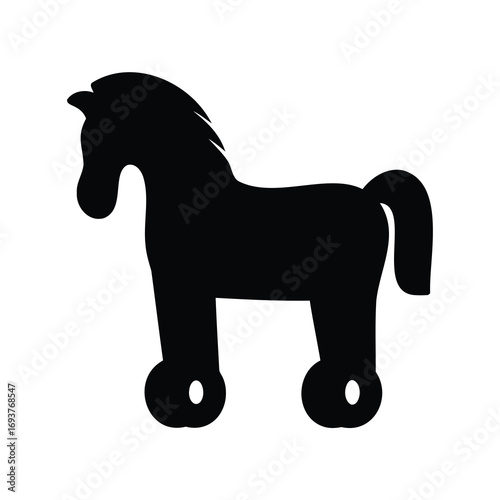 Simple Black and White Silhouette of a Toy Horse on Wheels