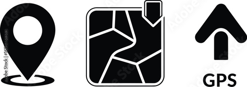 GPS navigation icons: location pin, map, and direction arrow.