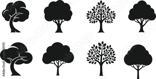 Tree, silhouette, nature, icon, foliage, abstract, realistic, trunk, branches, leaves, forest, black, white, vector, design, environment, seasonal, botanical, landscape, minimal