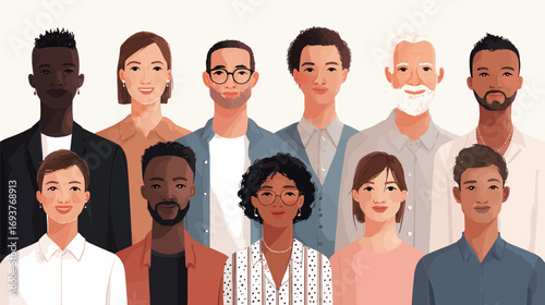 Ten individuals of various backgrounds and ages stand closely together against a plain backdrop, all smiling and exuding a sense of community and friendship.