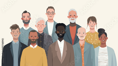 A diverse group of ten individuals stands together, smiling joyfully in a collaborative environment. Their attire reflects a range of styles, showcasing unity.