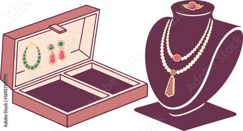 Elegant jewelry collection displayed in open box and on stand, showcasing precious gems and pearls.