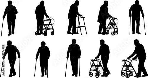 Elderly People Using Walking Aid Silhouette Collection – Senior Pensioners with Walkers, Canes, and Mobility Support Vector Illustrations