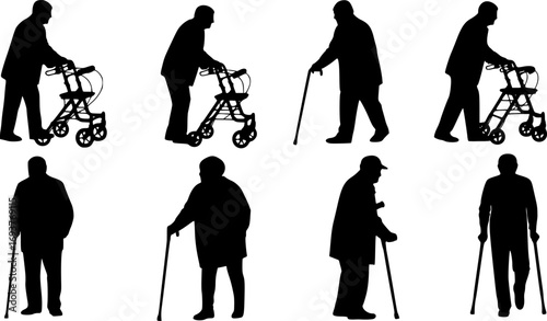 Elderly People Using Walking Aid Silhouette Collection – Senior Pensioners with Walkers, Canes, and Mobility Support Vector Illustrations