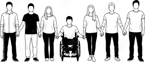 Silhouette of diverse young people standing in row holding hands with man in wheelchair in middle, symbol of inclusion, unity, teamwork, support and diversity