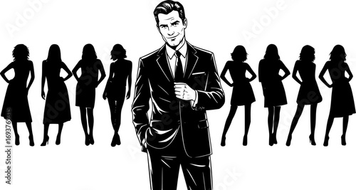 Silhouette of confident man in suit standing in front of group of female fashion models posing in row, vector illustration of elegance, style, power and leadership