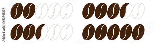 Arabica coffee seed roast level illustration with frying bean infographic powder medium coarse fine grind scale flavor degree strength espresso aroma barista icon logo cafe energy brown background